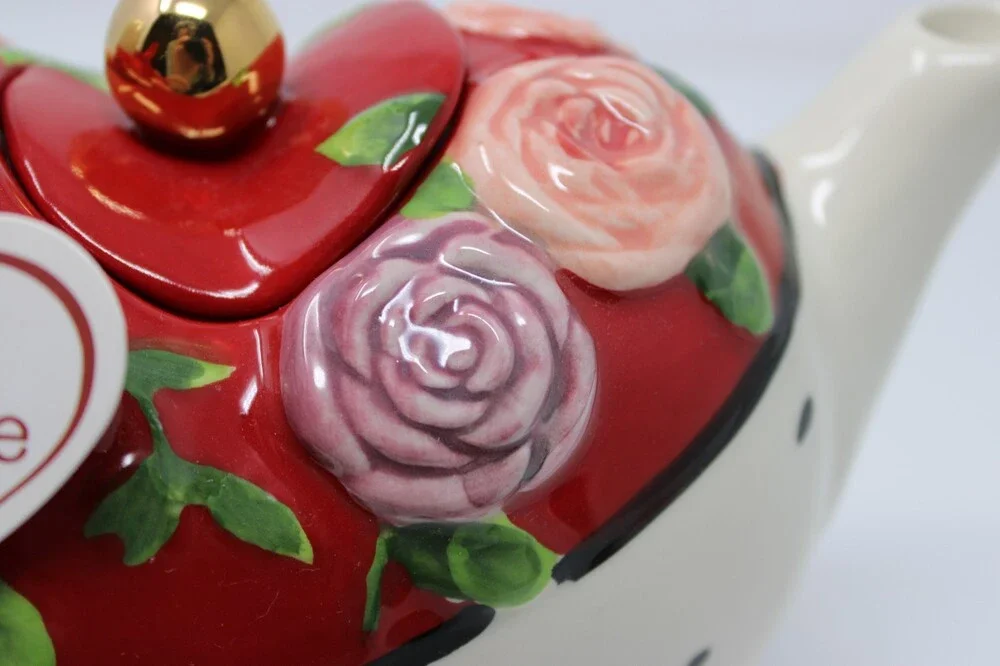 Blue Sky Clayworks “Be Mine” Heart Teapot – 2020, Floral, 9x6–7.5”, 2 lbs